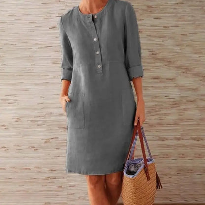 LB | Ladies Casual Button-Up Midi Dress - luźna tunika z rękawem 3/4 i kieszeniami