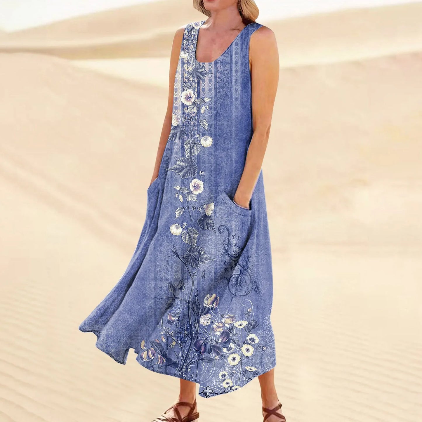 LB | Damskie letnie, casualowe sukienki retro na plażę z kieszeniami Plus Size Luźna bawełniana lniana koszulka Długa sukienka plażowa