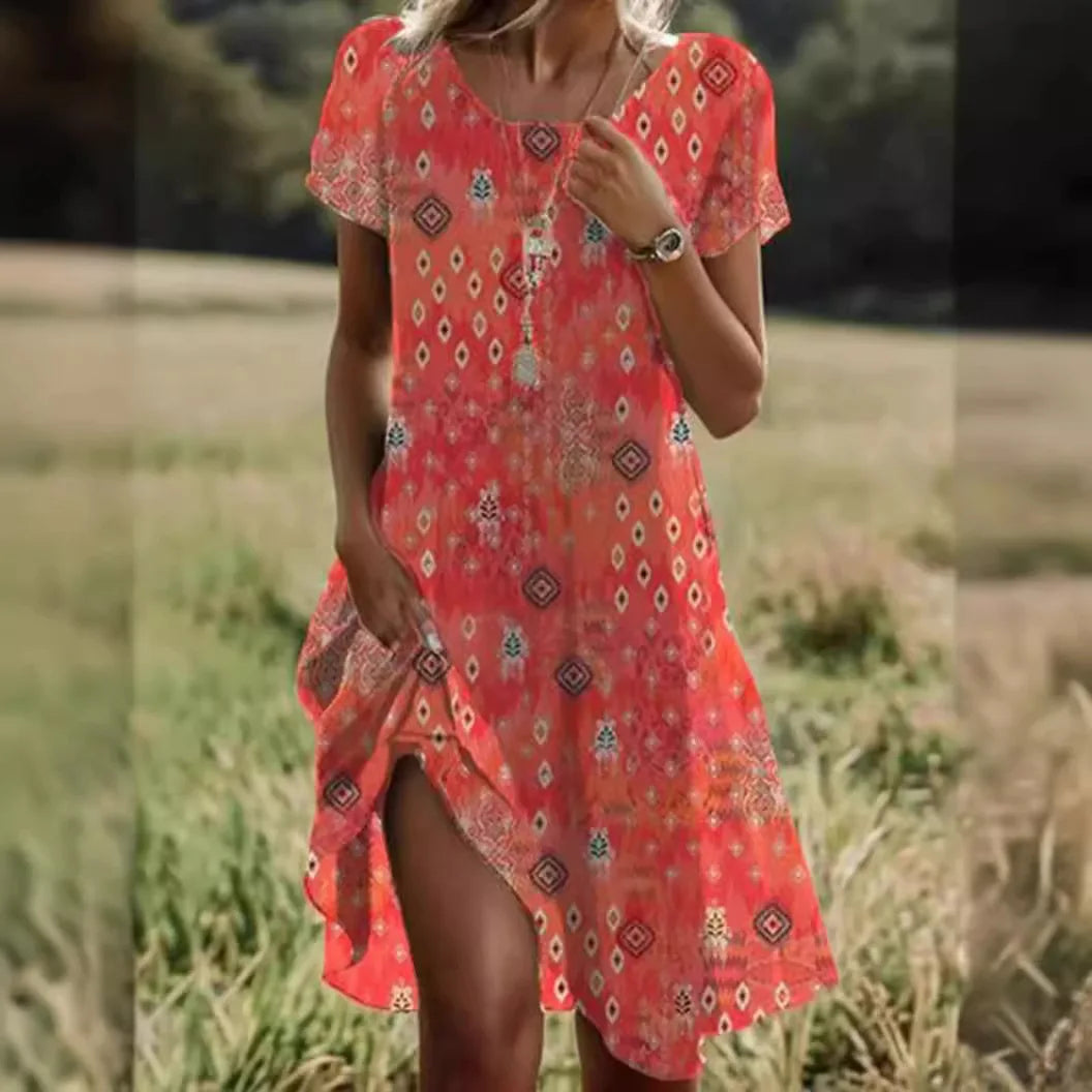 LB | Letnie sukienki w stylu boho dla kobiet z krótkim rękawem i kwiatowym nadrukiem na szyi Sukienka plażowa dla kobiet Maxi Sukienki Boho