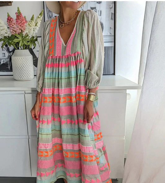 LB | Damska sukienka maxi - luźny krój - dekolt w szpic - długie rękawy - styl boho - oddychająca mieszanka