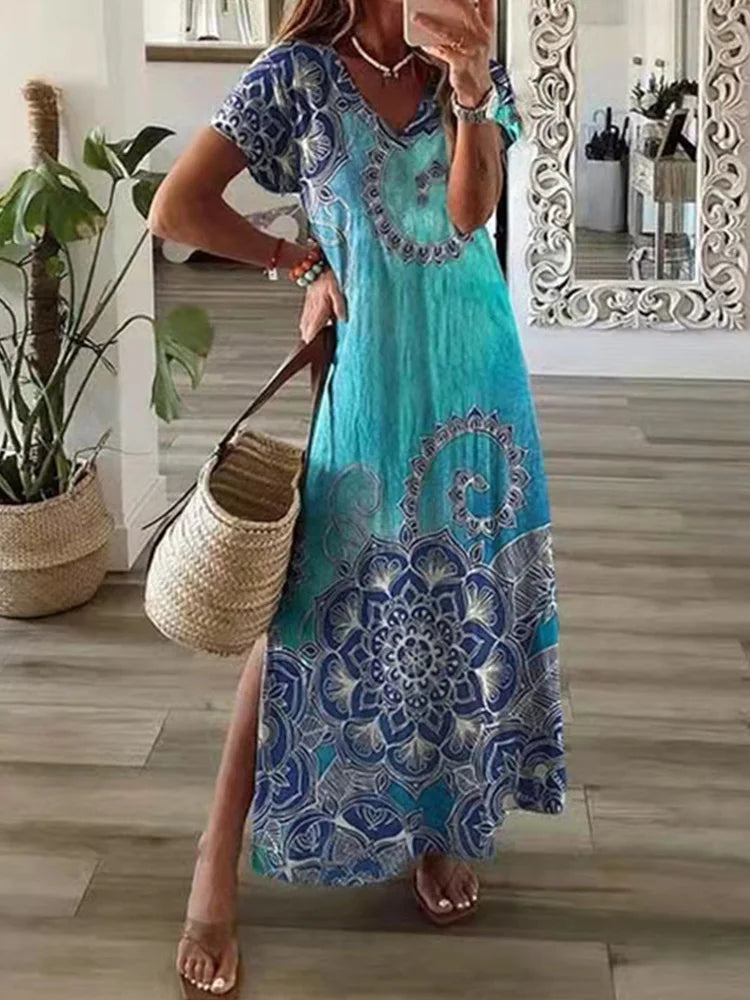 LB | Geometryczna koszulka z nieregularnym nadrukiem Długa sukienka damska Letnia sukienka z okrągłym dekoltem i krótkim rękawem w kształcie litery A Casual Holiday Robe