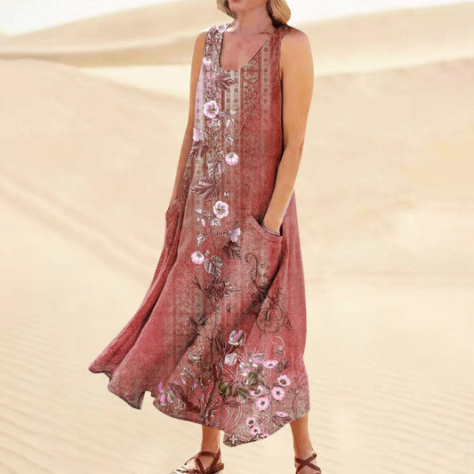 LB | Damskie letnie, casualowe sukienki retro na plażę z kieszeniami Plus Size Luźna bawełniana lniana koszulka Długa sukienka plażowa