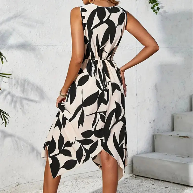 LB | Beach Women Midi Dress Summer Asymmetrical Maxi Long One Piece Elegant Leaf Print Casual Hem Vestidos Female