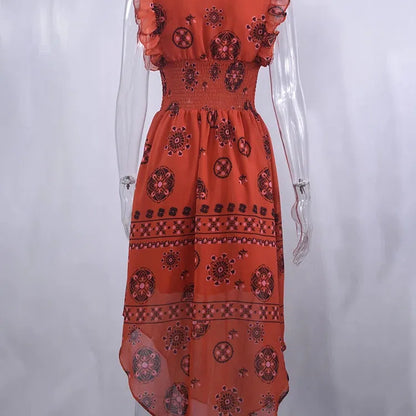 LB | Summer Women Vintage Pattern Smocked Ruffle Midi Dress
