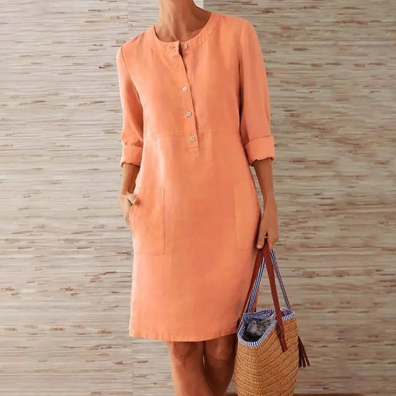 LB | Ladies Casual Button-Up Midi Dress - luźna tunika z rękawem 3/4 i kieszeniami