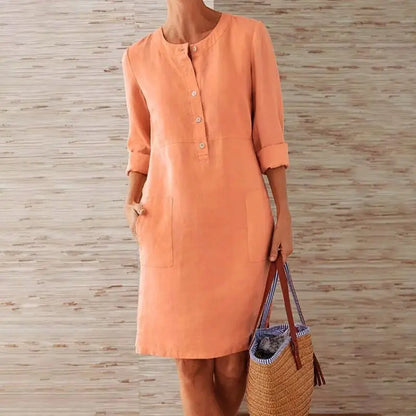 LB | Ladies Casual Button-Up Midi Dress - luźna tunika z rękawem 3/4 i kieszeniami
