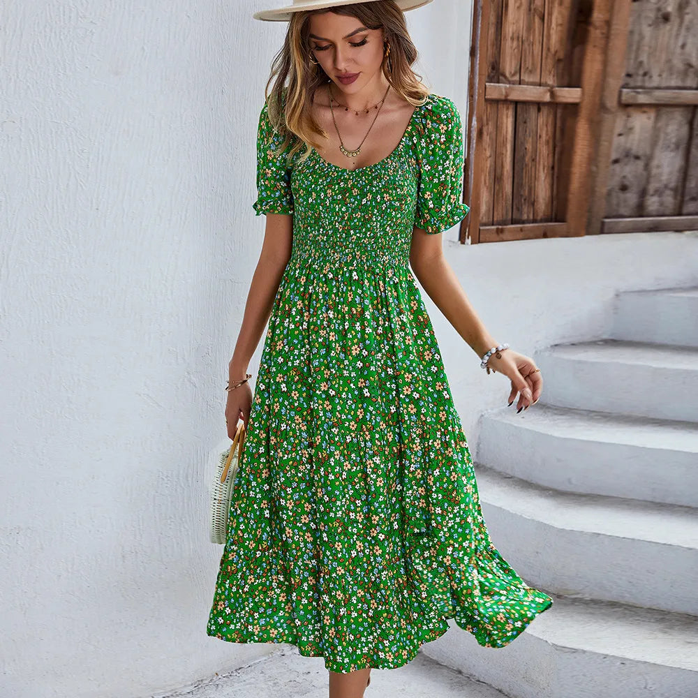 LB | Bohemia Print Dress Women New Summer Midi Dress Puff Sleeves
