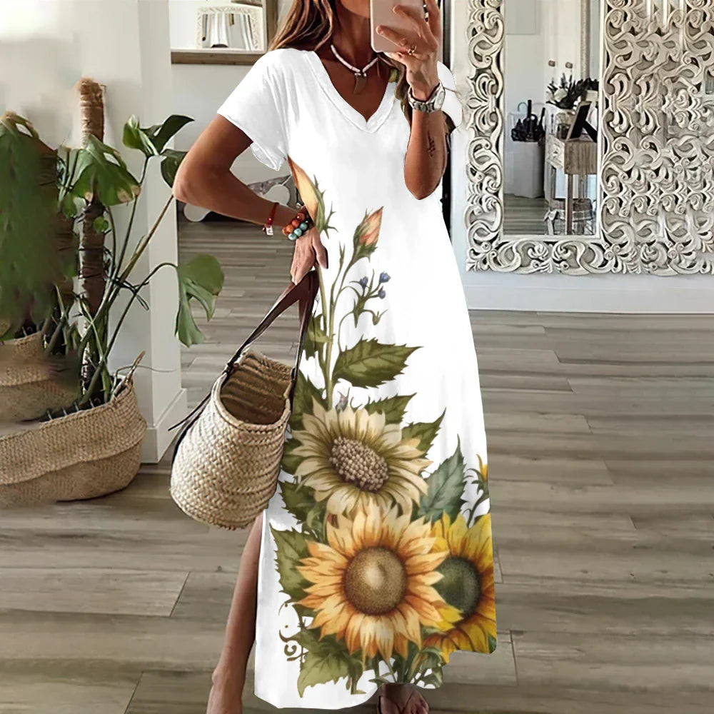 LB | Kwiatowe sukienki z nadrukiem słonecznika dla kobiet Plus Size Elegancka sukienka midi