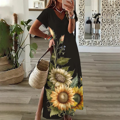 LB | Kwiatowe sukienki z nadrukiem słonecznika dla kobiet Plus Size Elegancka sukienka midi