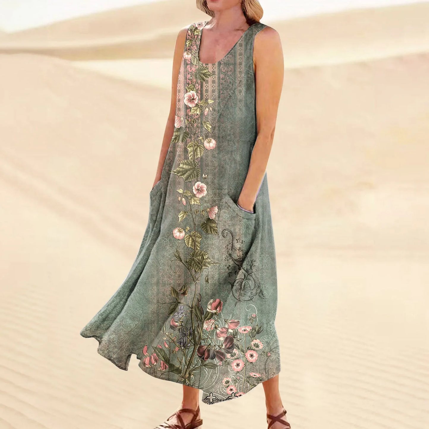 LB | Damskie letnie, casualowe sukienki retro na plażę z kieszeniami Plus Size Luźna bawełniana lniana koszulka Długa sukienka plażowa