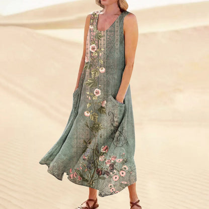 LB | Damskie letnie, casualowe sukienki retro na plażę z kieszeniami Plus Size Luźna bawełniana lniana koszulka Długa sukienka plażowa