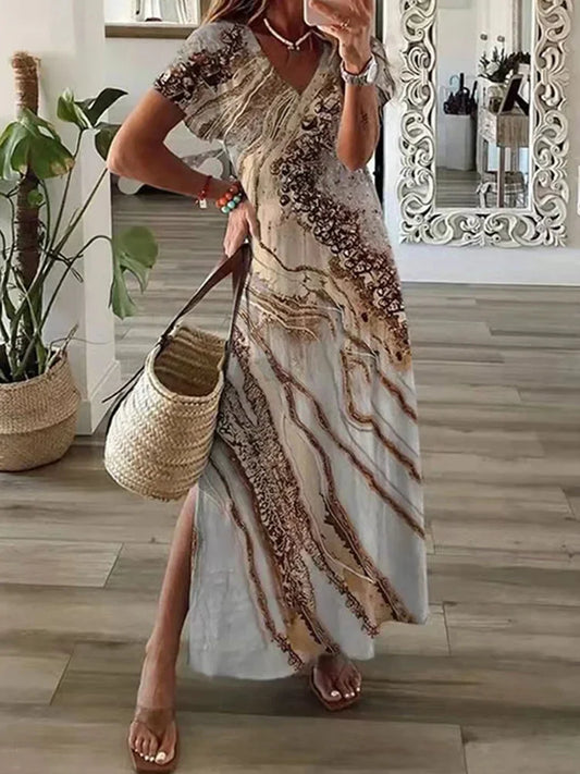 LB | Geometryczna koszulka z nieregularnym nadrukiem Długa sukienka damska Letnia sukienka z okrągłym dekoltem i krótkim rękawem w kształcie litery A Casual Holiday Robe