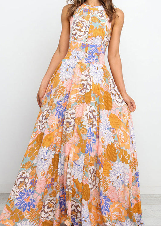 LB | Slim Fit Colorblock Print Backless Tunic Maxi Dresses Sleeveless