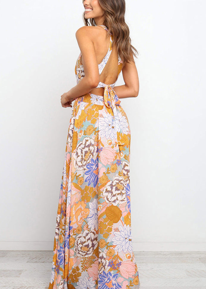LB | Slim Fit Colorblock Print Backless Tunic Maxi Dresses Sleeveless