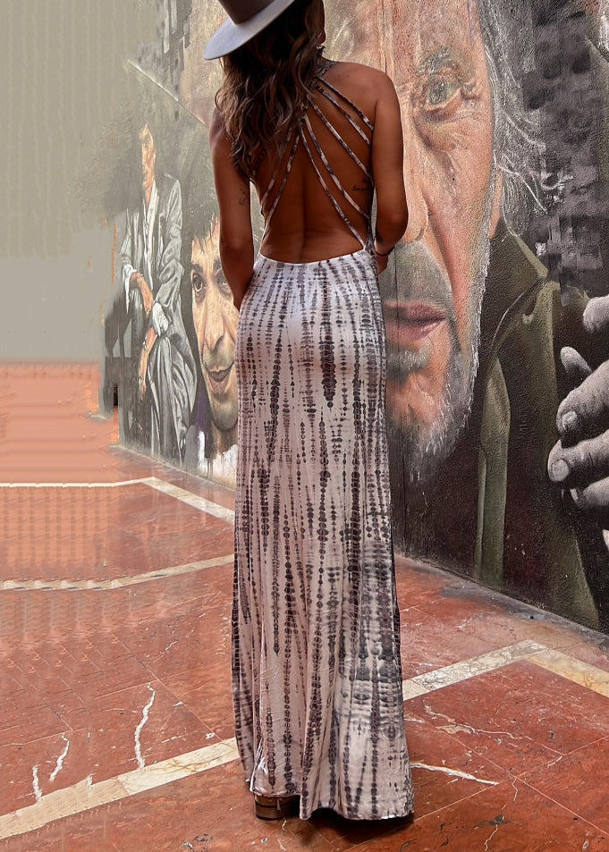 LB | Slim Fit Grey Print Original Design Bawełniana sukienka maxi bez rękawów