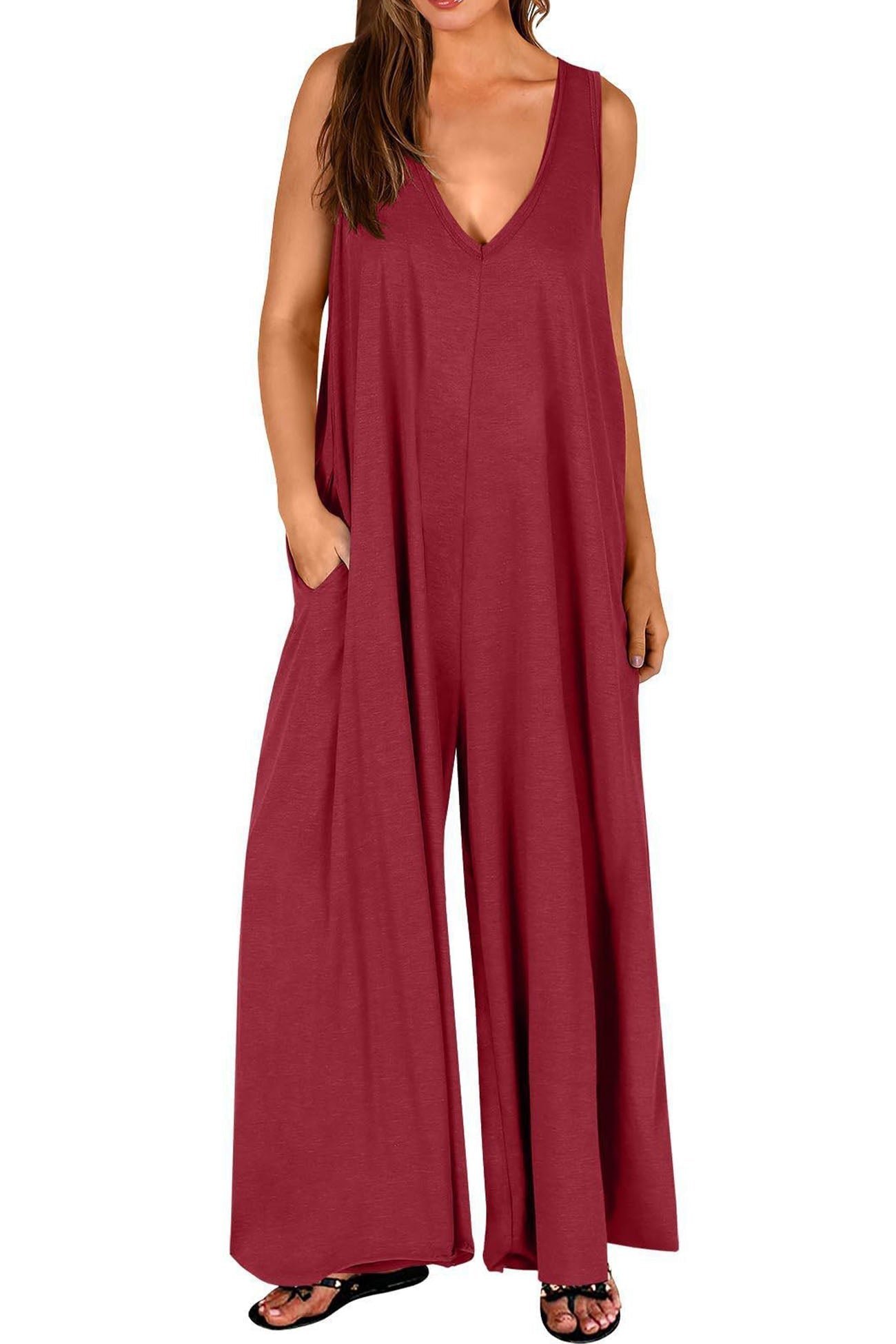 LB | Solidne kombinezony z szerokimi nogawkami i kieszeniami V-neck