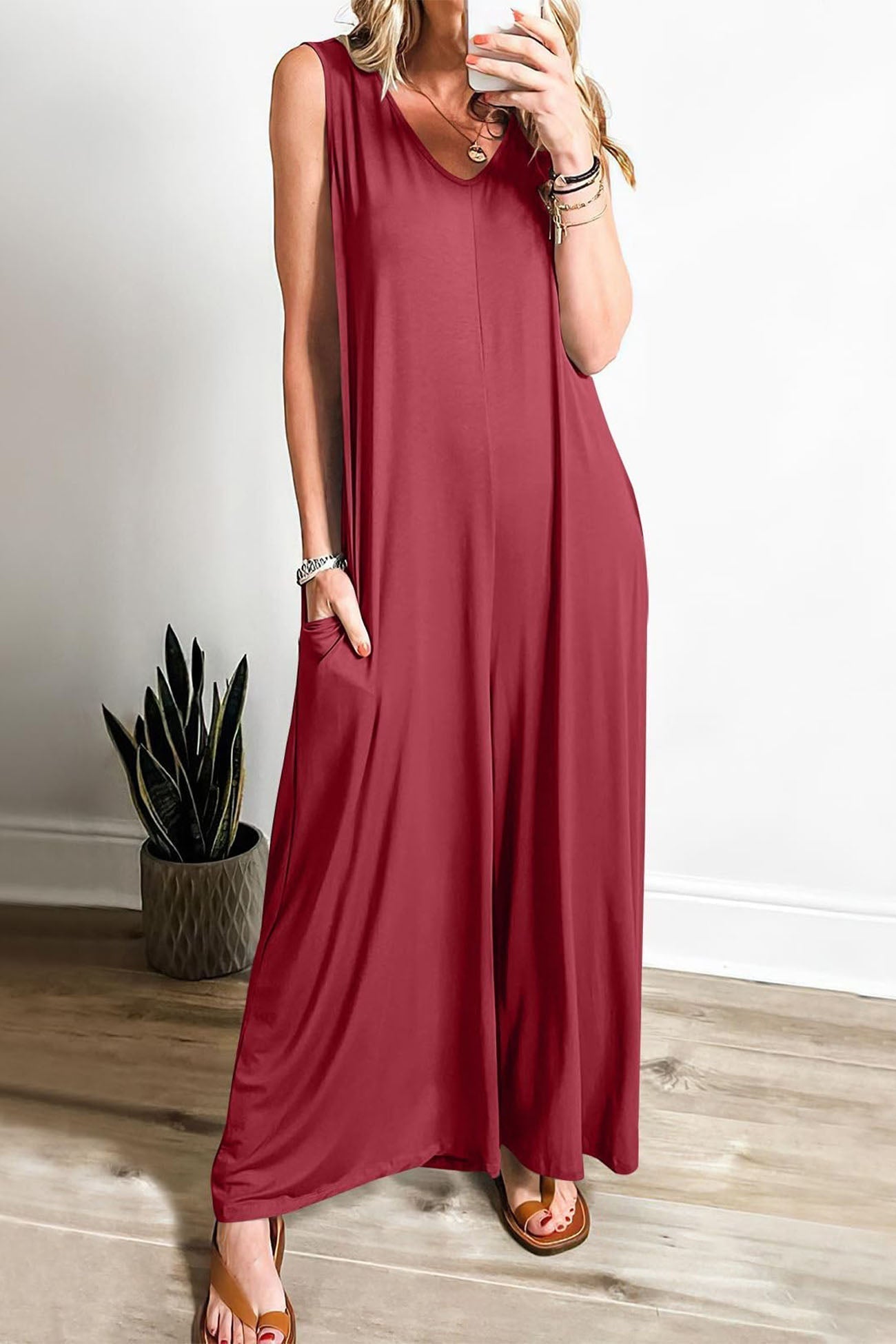 LB | Solidne kombinezony z szerokimi nogawkami i kieszeniami V-neck