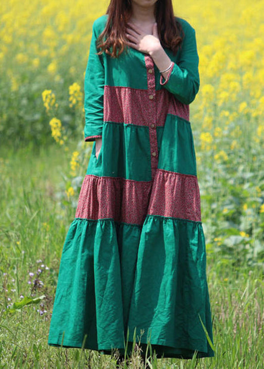 LB | Green Print Pockets Maxi Dress Długi rękaw VB1029