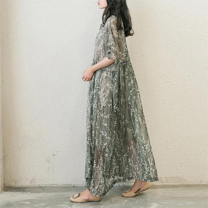LB | Stylowe sukienki szyfonowe z nadrukiem Plus Size Casual Sundress Button Half Sleeve Maxi Dress