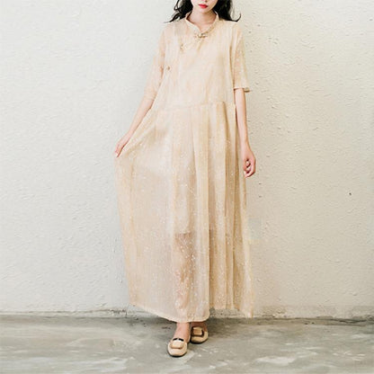 LB | Stylowe sukienki szyfonowe z nadrukiem Plus Size Casual Sundress Button Half Sleeve Maxi Dress
