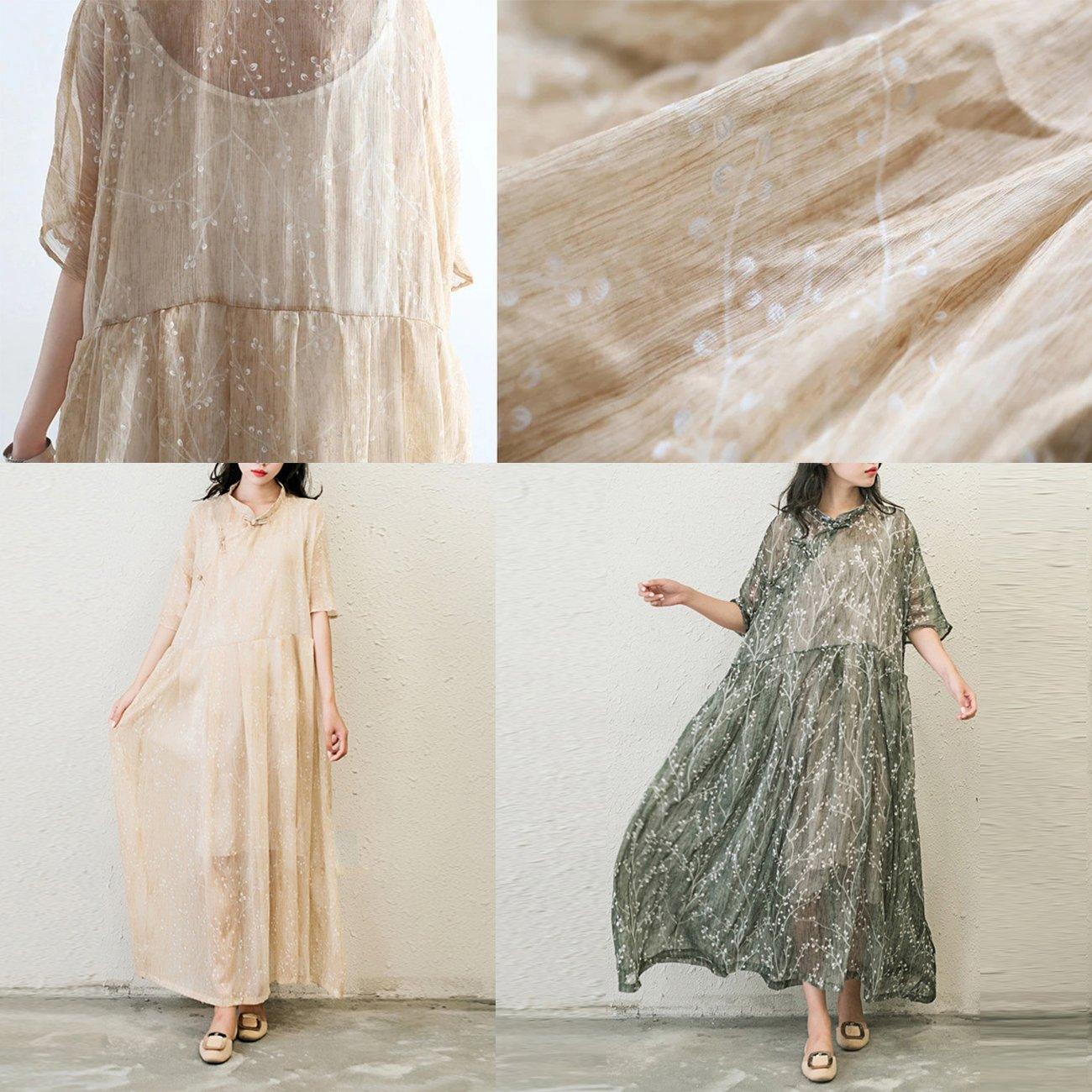 LB | Stylowe sukienki szyfonowe z nadrukiem Plus Size Casual Sundress Button Half Sleeve Maxi Dress