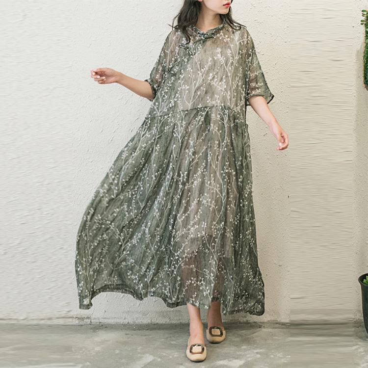 LB | Stylowe sukienki szyfonowe z nadrukiem Plus Size Casual Sundress Button Half Sleeve Maxi Dress
