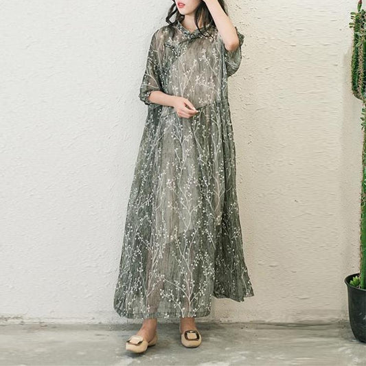 LB | Stylowe sukienki szyfonowe z nadrukiem Plus Size Casual Sundress Button Half Sleeve Maxi Dress