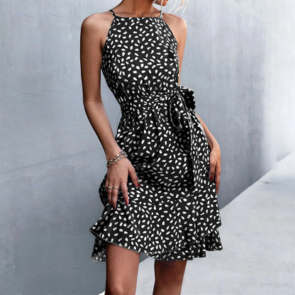 LB | 2024 Boho Floral Print Sling Lace-up Midi Dress z paskiem