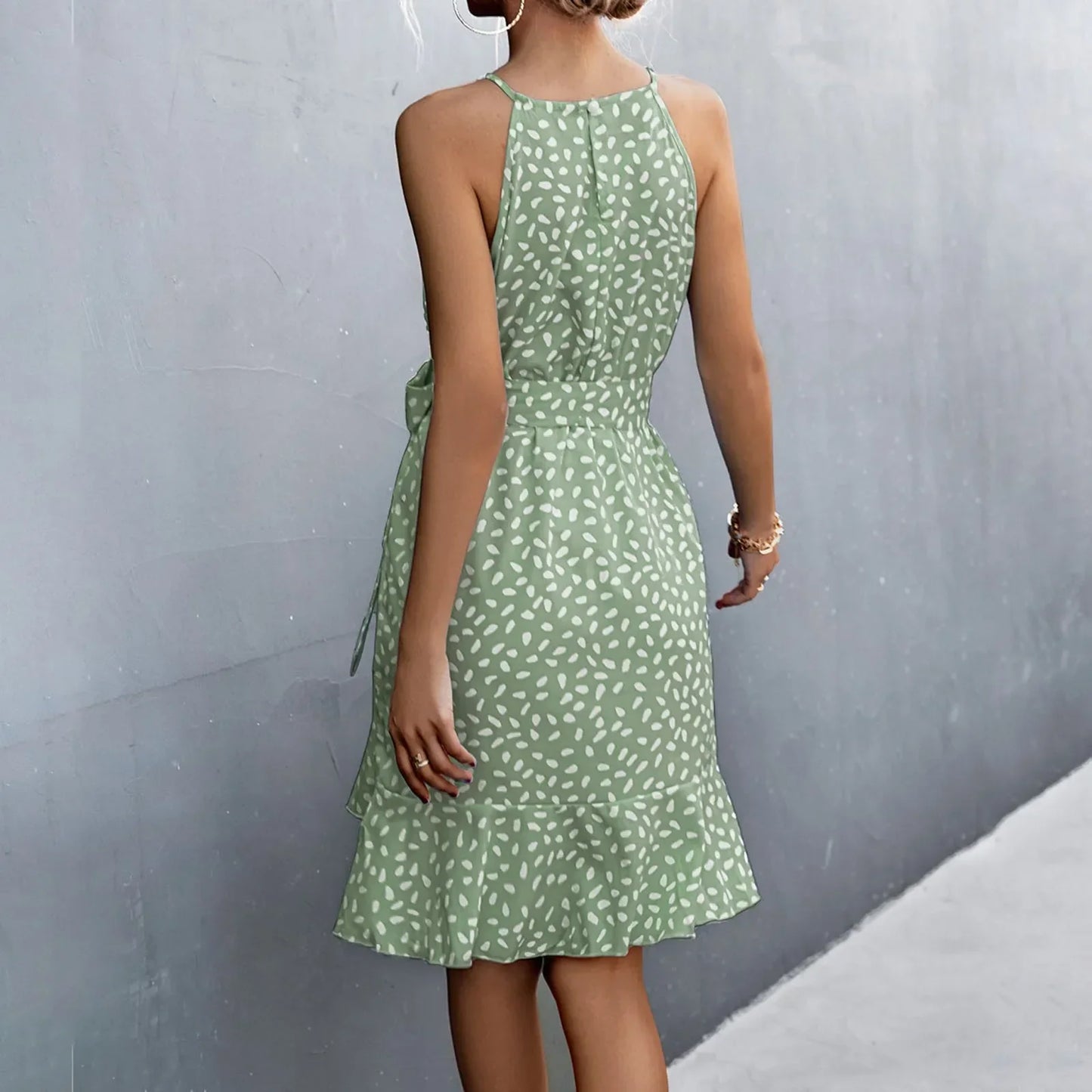 LB | 2024 Boho Floral Print Sling Lace-up Midi Dress z paskiem