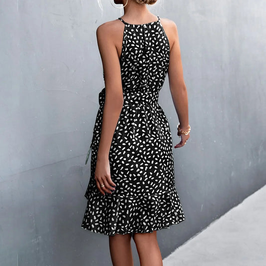 LB | 2024 Boho Floral Print Sling Lace-up Midi Dress z paskiem