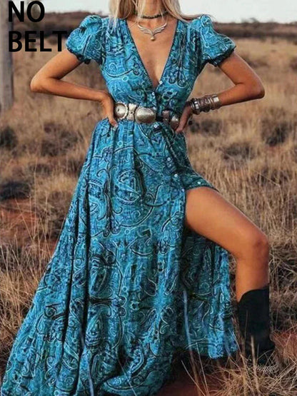 LB | 2024 Elegancka sukienka maxi z wysokim stanem w stylu boho z kwiatowym nadrukiem
