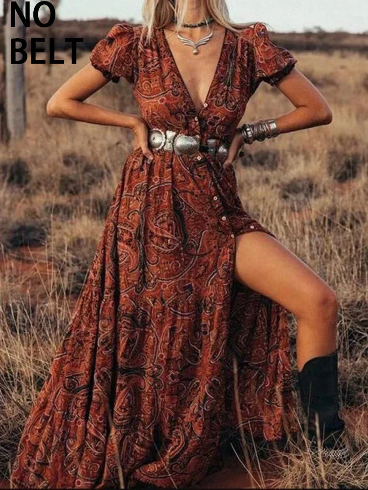 LB | 2024 Elegancka sukienka maxi z wysokim stanem w stylu boho z kwiatowym nadrukiem