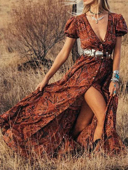 LB | 2024 Elegancka sukienka maxi z wysokim stanem w stylu boho z kwiatowym nadrukiem