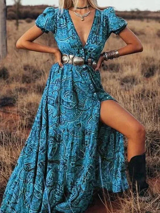 LB | 2024 Elegancka sukienka maxi z wysokim stanem w stylu boho z kwiatowym nadrukiem