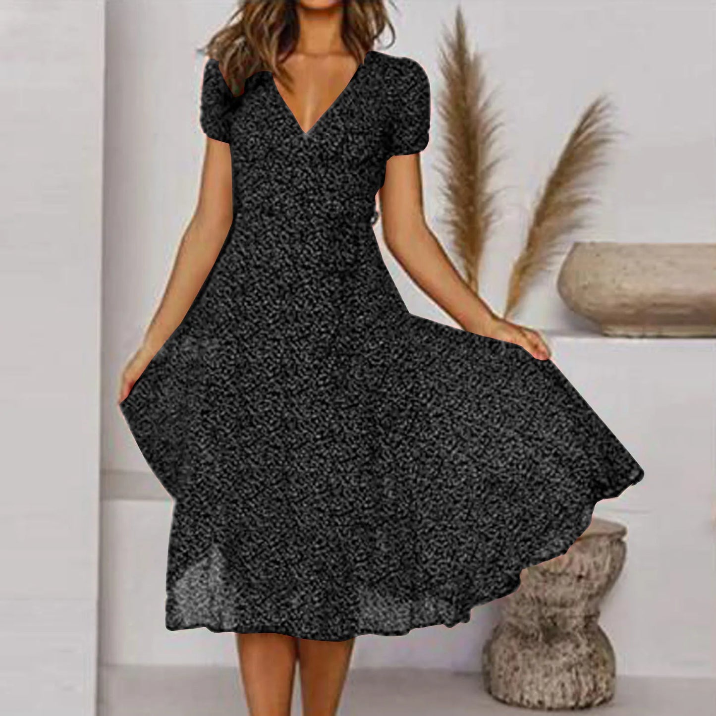 LB | Women Sexy Short V-Neck Floral Polka Dot Casual Boho Sun Midi Dresses