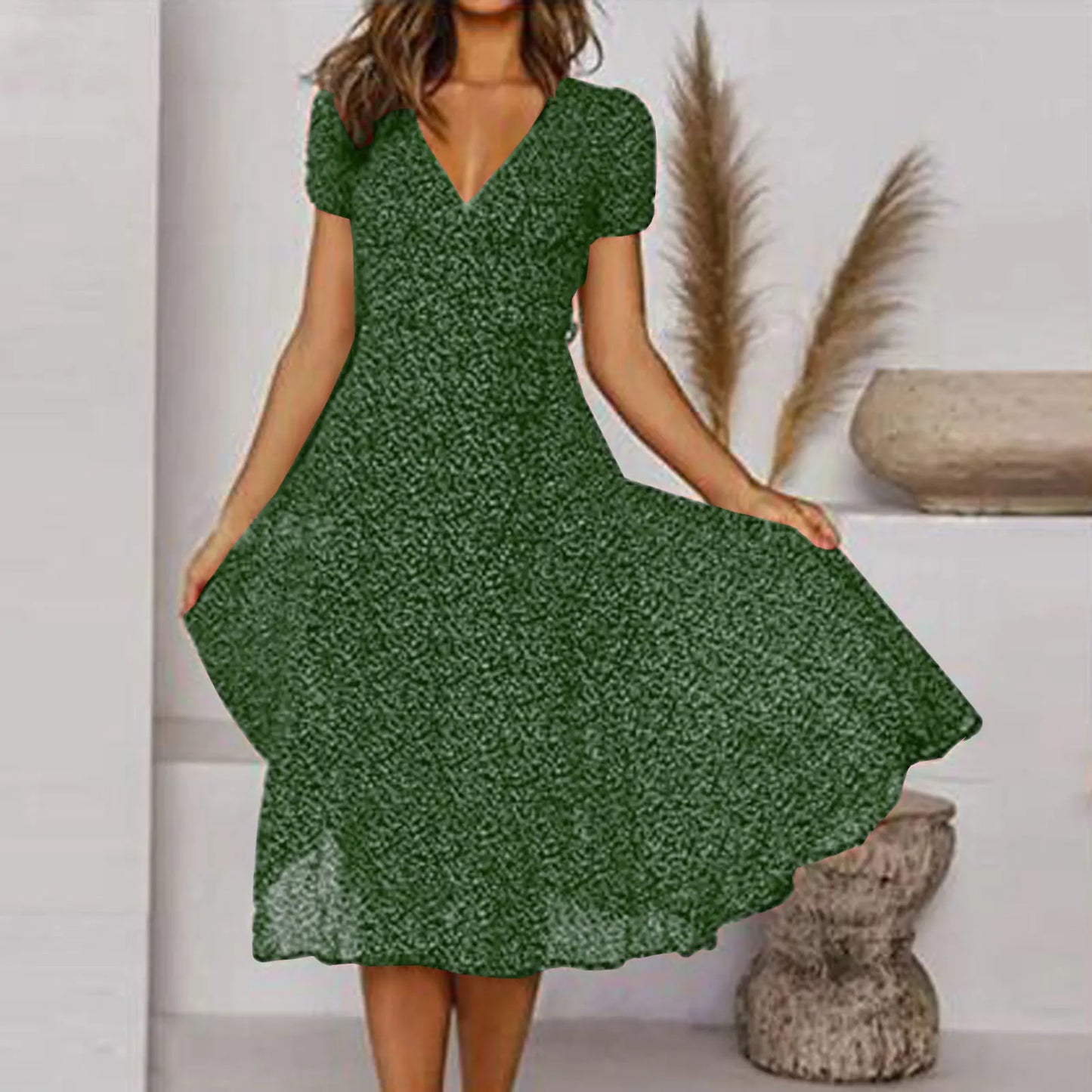 LB | Women Sexy Short V-Neck Floral Polka Dot Casual Boho Sun Midi Dresses