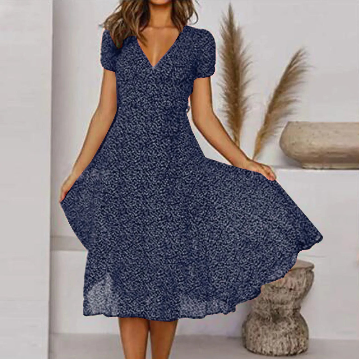 LB | Women Sexy Short V-Neck Floral Polka Dot Casual Boho Sun Midi Dresses