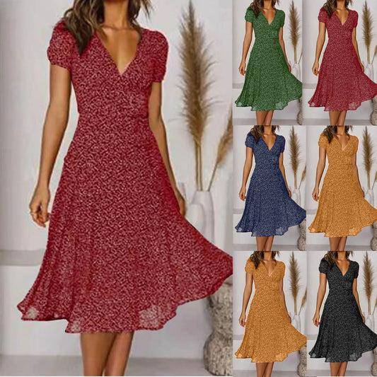 LB | Women Sexy Short V-Neck Floral Polka Dot Casual Boho Sun Midi Dresses