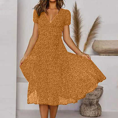 LB | Women Sexy Short V-Neck Floral Polka Dot Casual Boho Sun Midi Dresses