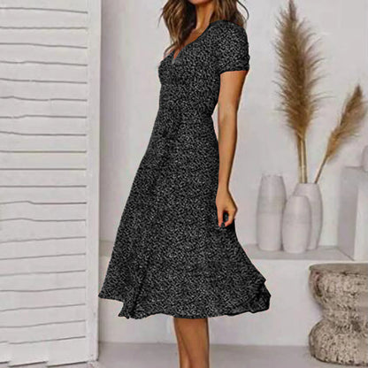 LB | Women Sexy Short V-Neck Floral Polka Dot Casual Boho Sun Midi Dresses