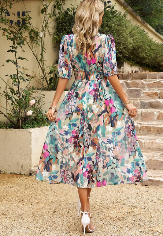 LB | Sukienka midi Elegancka sukienka z bufiastym rękawem w kwiaty