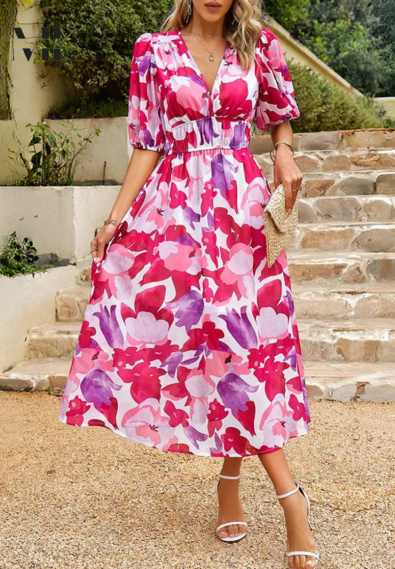 LB | Sukienka midi Elegancka sukienka z bufiastym rękawem w kwiaty