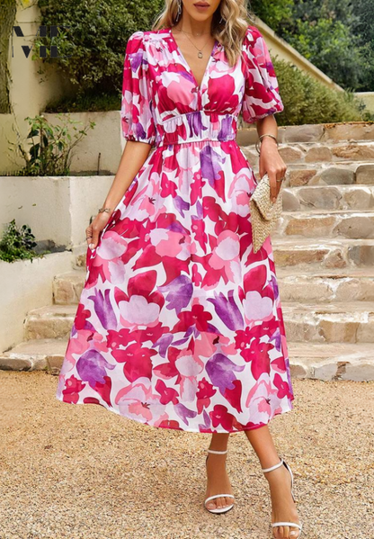LB | Sukienka midi Elegancka sukienka z bufiastym rękawem w kwiaty