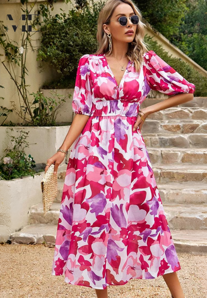 LB | Sukienka midi Elegancka sukienka z bufiastym rękawem w kwiaty