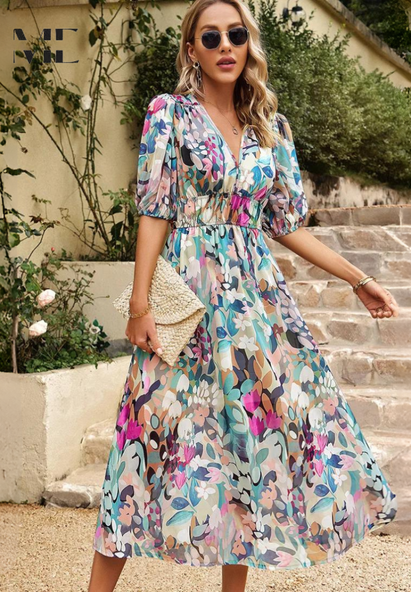LB | Sukienka midi Elegancka sukienka z bufiastym rękawem w kwiaty