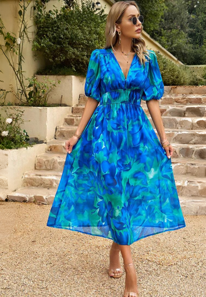 LB | Sukienka midi Elegancka sukienka z bufiastym rękawem w kwiaty