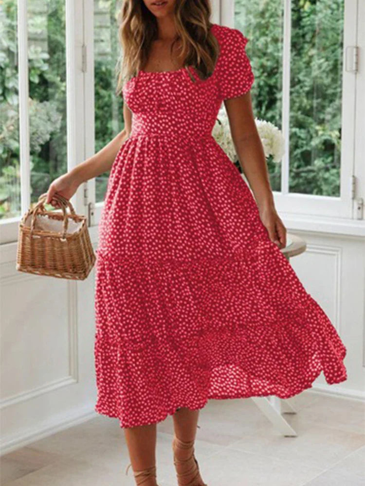 LB | Vintage Print Puff Sleeve Beach Sweet Square Floral Maxi Long Festa Midi Dresses