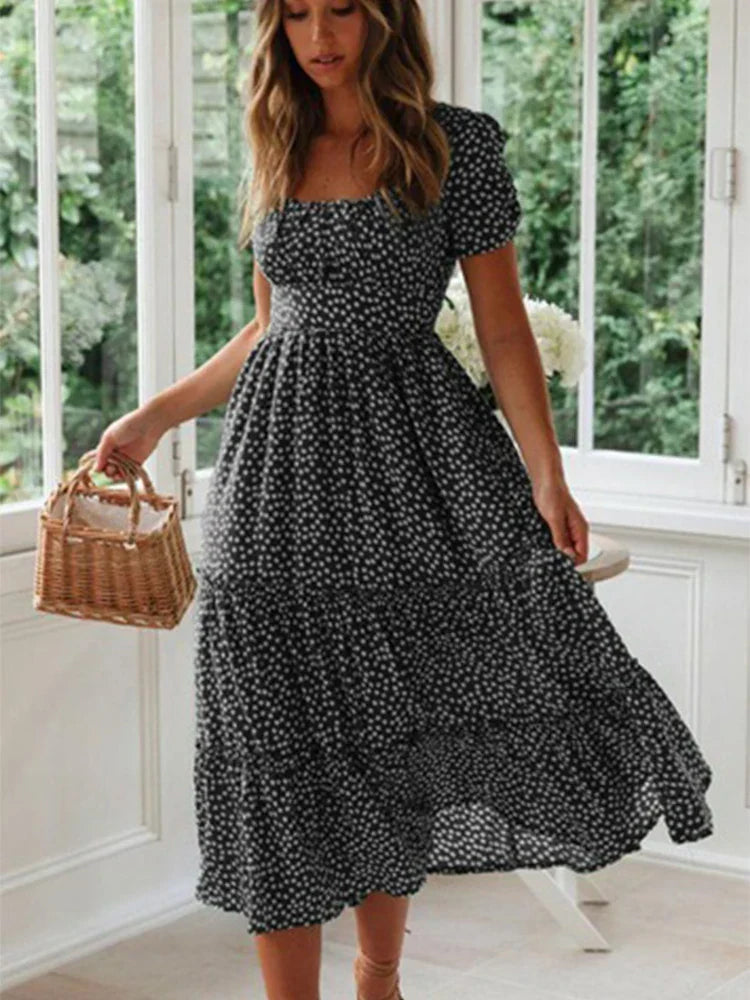LB | Vintage Print Puff Sleeve Beach Sweet Square Floral Maxi Long Festa Midi Dresses