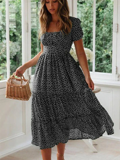 LB | Vintage Print Puff Sleeve Beach Sweet Square Floral Maxi Long Festa Midi Dresses