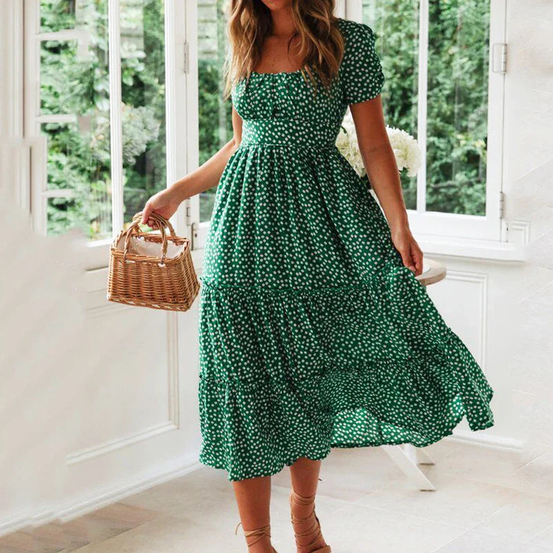 LB | Vintage Print Puff Sleeve Beach Sweet Square Floral Maxi Long Festa Midi Dresses